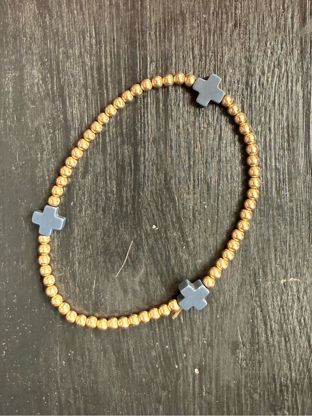 Gold Bead Bracelet with Blue Cross Charms